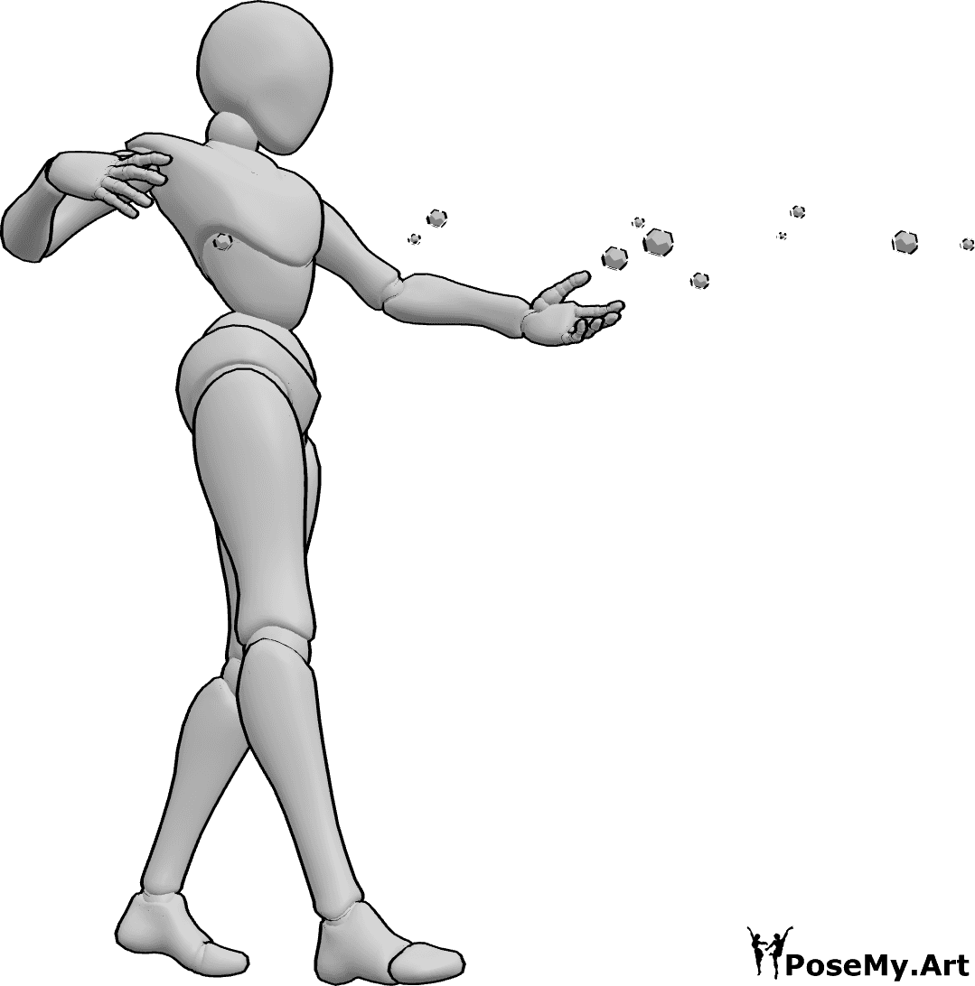 Pose Reference- Trailing energy pose - Female is twisting her torso, spell trailing from her fingertips
