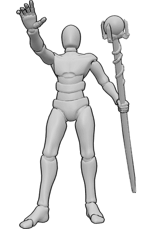 Pose Reference- Wizard staff spellcaster pose - Male is lifting the wizard staff with one hand, the other hand casting a spell forward