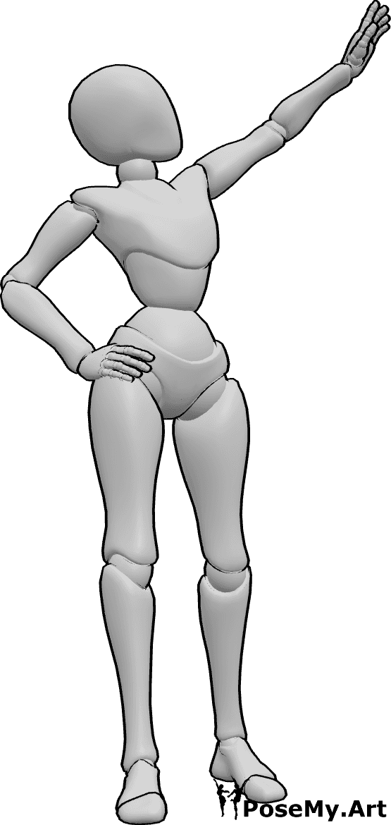 Pose Reference- One arm reaching pose - Female is reaching up with one arm, the other resting on her hip
