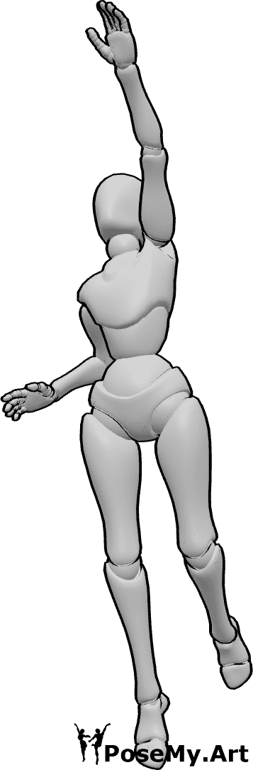 포즈 자료- 뛰어오르며 손을 뻗는 자세 - 여성이 살짝 점프하며 공중에서 손을 뻗고 있다