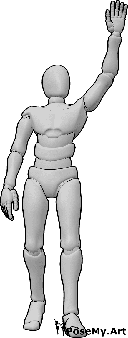 Référence des poses- Pose « les mains levées en signe de salut » - Un homme lève la main pour saluer ou faire un signe de loin