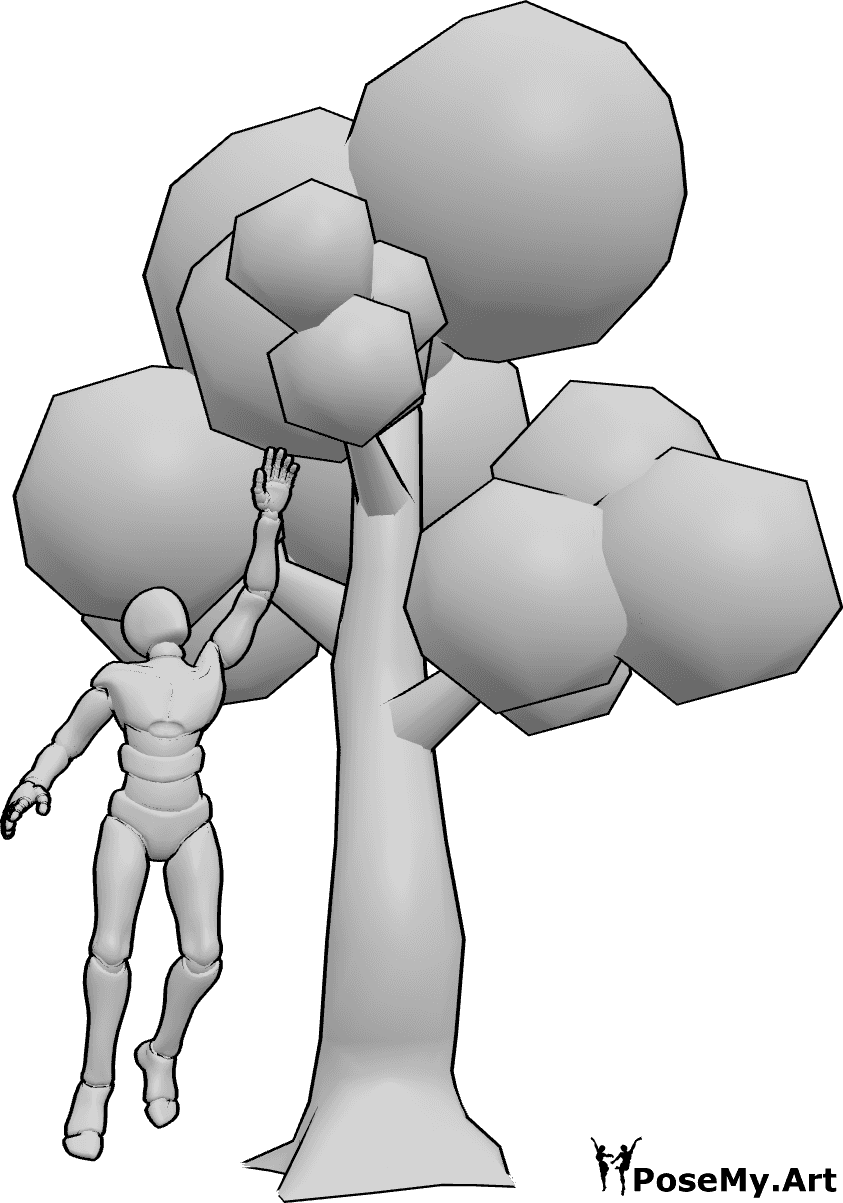 Pose Reference- Reaching up tree pose - Male is reaching up to grab a tree branch while jumping