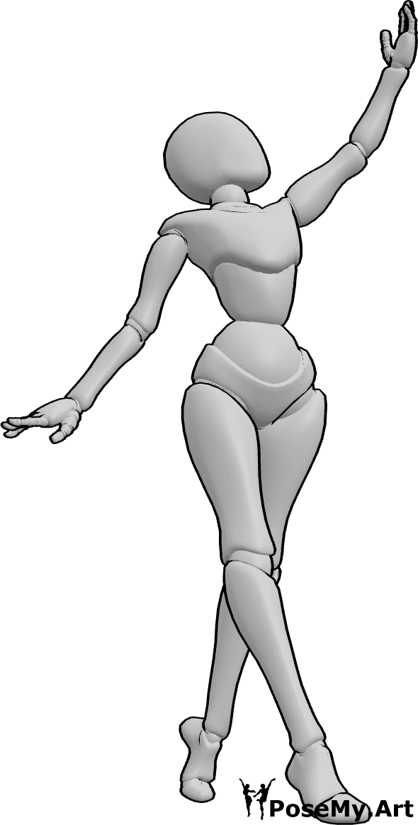 Pose Reference- Dancing reaching up pose - Female is dancing, reaching one arm up while the other follows the rhythm