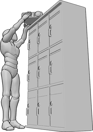 Pose Reference- Reaching up placing pose - Male is reaching up to place an item on top of a cabinet
