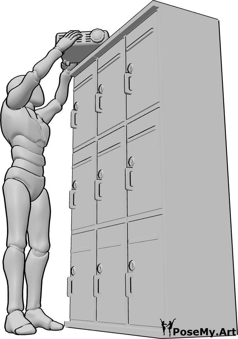 Pose Reference- Reaching up placing pose - Male is reaching up to place an item on top of a cabinet