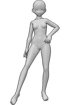 Pose Reference- Confident anime girl pose - Anime girl is standing confidently with her left hand on her hip pose