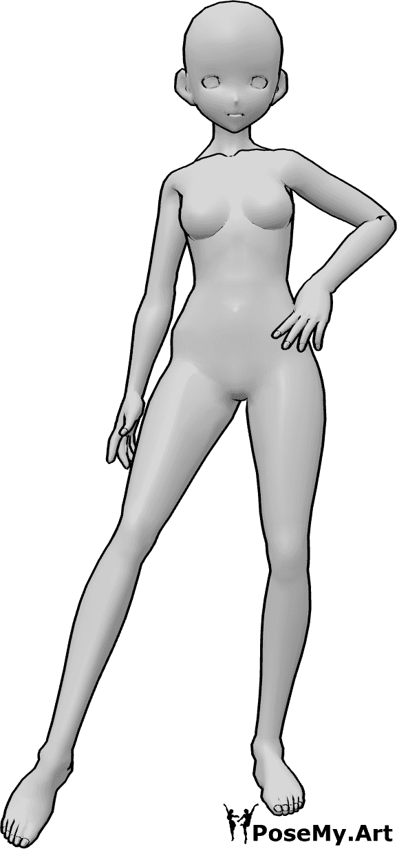 Référence des poses- Pose d'une fille animée confiante - Une fille d'animation se tient debout, sûre d'elle, la main gauche posée sur la hanche.