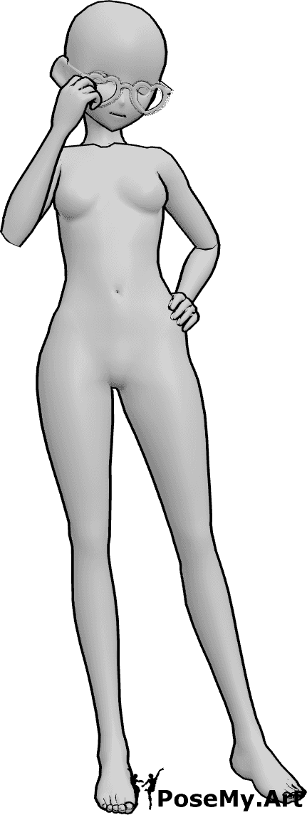 Referencia de poses- Pose de una chica de anime ajustándose las gafas - Una chica de anime se está ajustando las gafas, mientras que tiene la otra mano apoyada en la cadera.