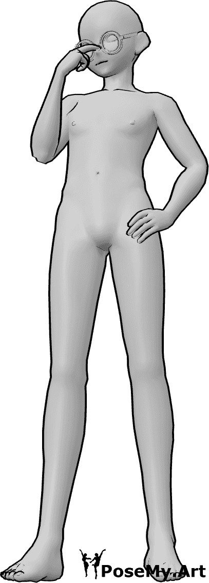 Pose Reference- Anime male pushing glasses pose - Anime male is pushing his glasses up with two fingers, head slightly lowered, posture confident, hand on hip