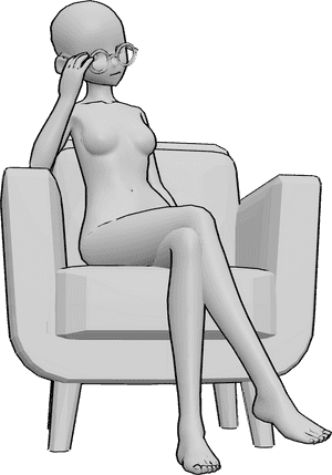 Pose Reference- Anime touching eyeglass frame pose - Anime female is sitting and tilting her head to the side while lightly touching her eyeglass frame