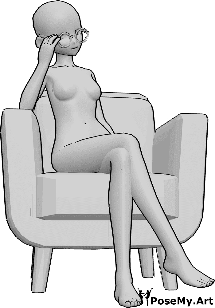 Pose Reference- Anime touching eyeglass frame pose - Anime female is sitting and tilting her head to the side while lightly touching her eyeglass frame
