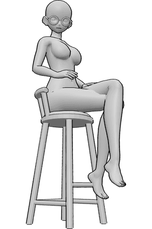 Pose Reference- Anime sitting wearing glasses pose - Anime female is sitting with legs crossed, one hand resting on her knee