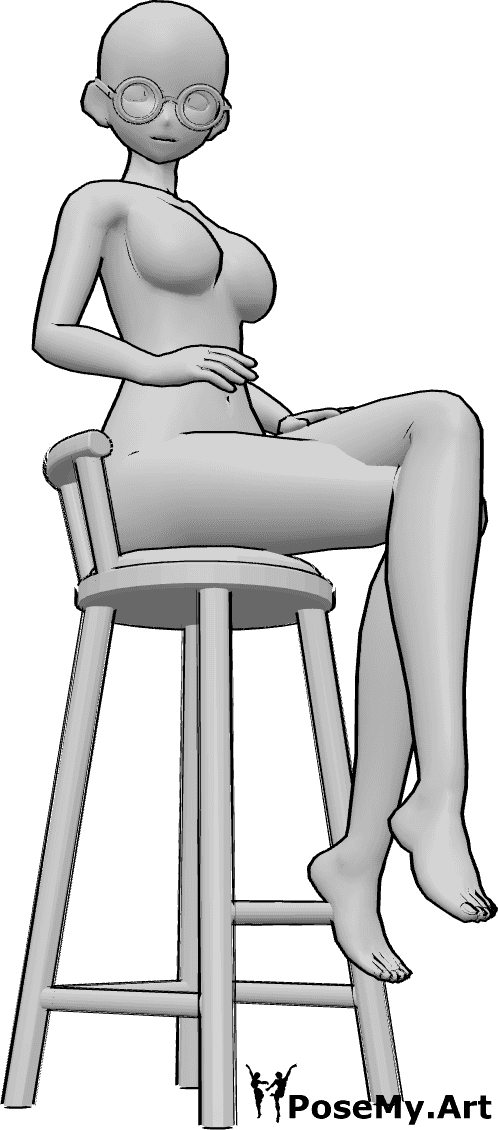 Posen-Referenz- Anime-Figur, die mit Brille sitzt - Eine Anime-Figur sitzt mit gekreuzten Beinen da, eine Hand ruht auf ihrem Knie