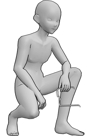 Pose Reference- Anime crouching holding glasses pose - Anime male is crouching, holding glasses in his right hand