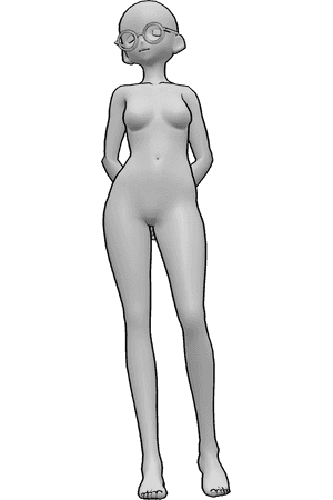Pose Reference- Anime female glasses pose - Anime female is standing with hands behind her back, wearing glasses