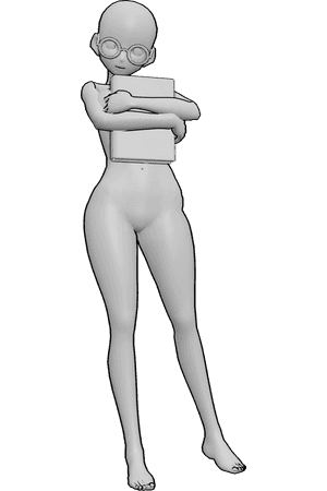 Pose Reference- Smart anime female pose - Anime curvy female is standing, holding books, wearing glasses