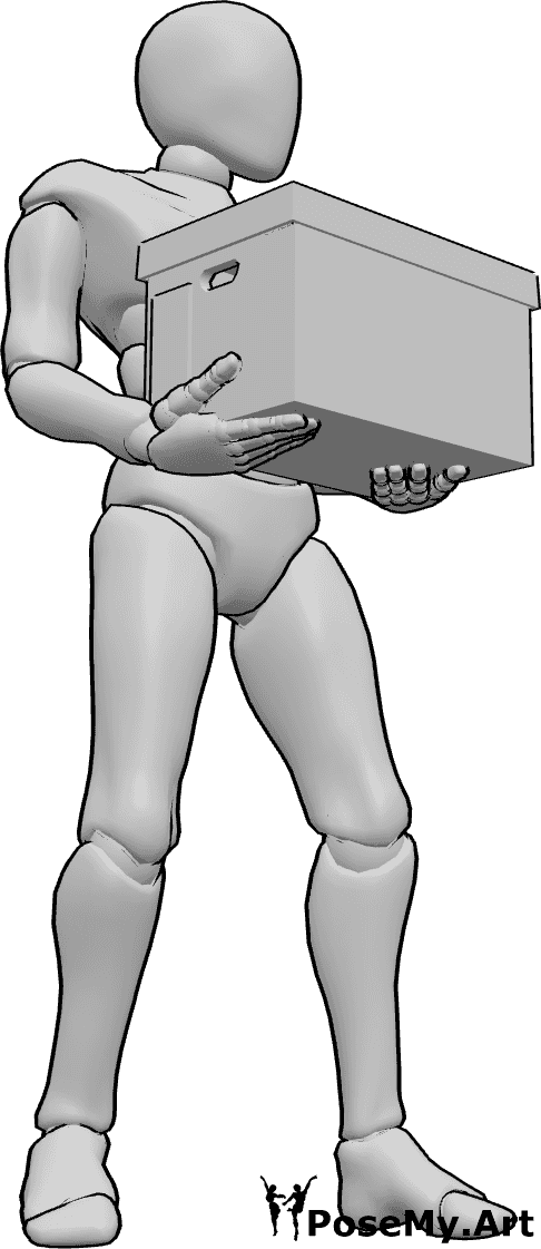 Pose Reference- Male lifting box pose - Male is standing and lifting a box, looking to the left
