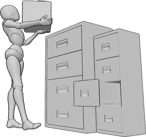 Pose Reference- Female lifting box pose - Female is standing and lifting a box, placing it on top of the cabinet