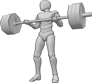 Pose Reference- Male barbell lifting pose - Male is standing upright and lifting a barbell from thigh level, knees slightly bent