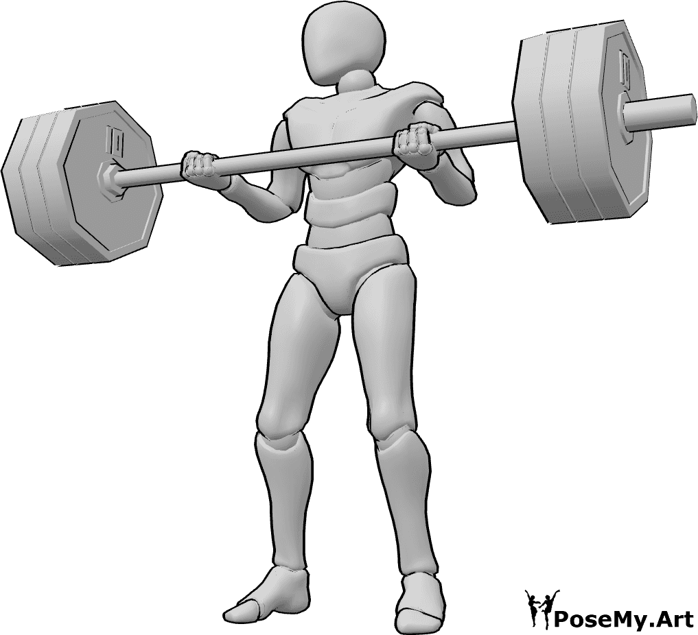 Pose Reference- Male barbell lifting pose - Male is standing upright and lifting a barbell from thigh level, knees slightly bent