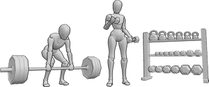 Pose Reference- Females lifting pose - Two females are training together: one female is lifting a barbell, while the other female is lifting dumbbells
