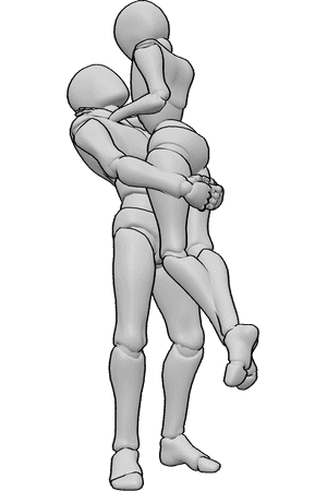 Pose Reference- Male lifting female front pose - Male is lifting a female directly in front of his body, supporting her under the legs while keeping her weight close to his torso
