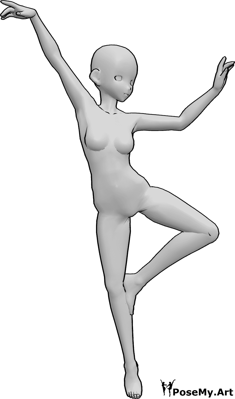 Posen-Referenz- Glücklich tanzende Anime-Pose - Glücklich anime Mädchen steht auf ihrem rechten Bein und tanzen Pose