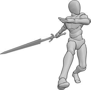 Pose Reference- Big sword swinging pose - Male is swinging a heavy sword mid-motion, body rotating strongly through the hips