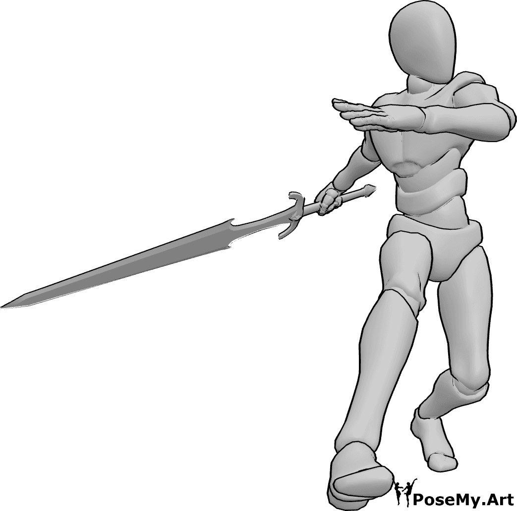 Pose Reference- Big sword swinging pose - Male is swinging a heavy sword mid-motion, body rotating strongly through the hips