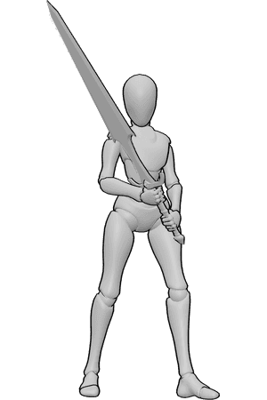 Pose Reference- Female sword defensive pose - Female is holding a big sword diagonally across her body in a defensive stance