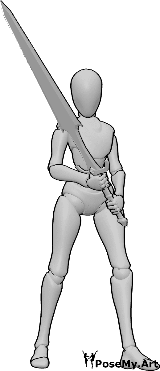 Pose Reference- Female sword defensive pose - Female is holding a big sword diagonally across her body in a defensive stance