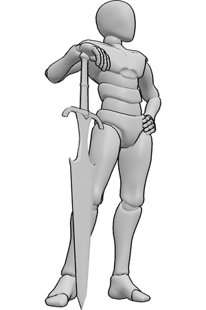 Pose Reference- Big sword leaning pose - Male is resting on a large sword like a staff, leaning slightly forward