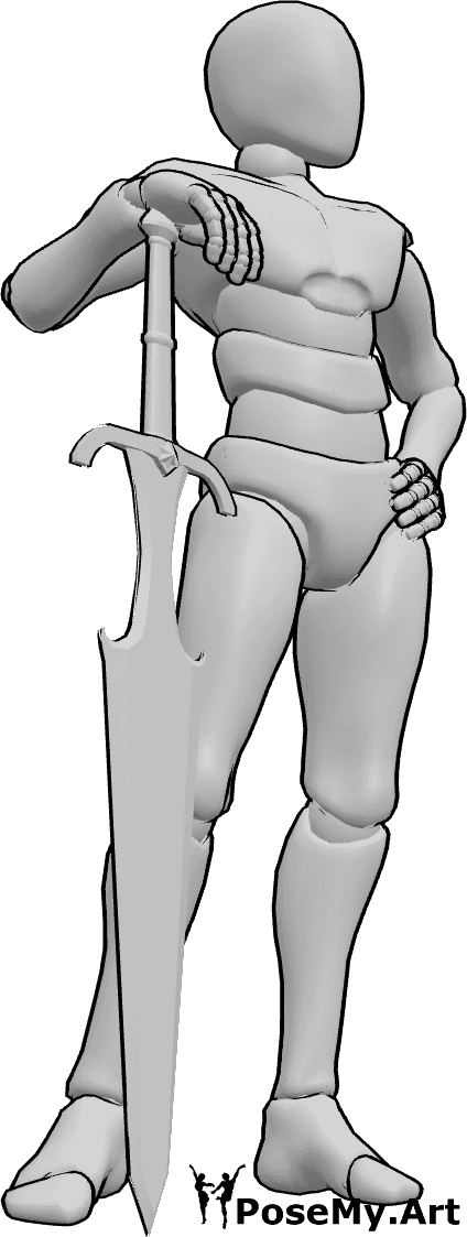 Pose Reference- Big sword leaning pose - Male is resting on a large sword like a staff, leaning slightly forward