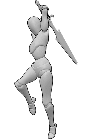 Pose Reference- Big sword jumping pose - Female is jumping forward with a raised giant sword, preparing a downward strike