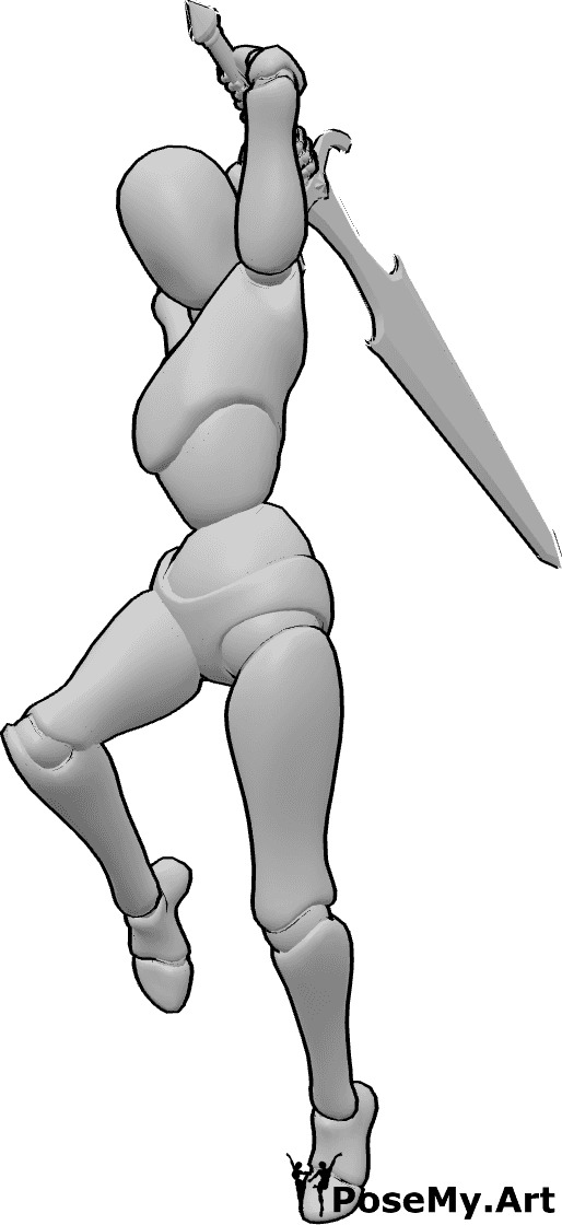 Referência de poses- Pose de salto com espada grande - A mulher está a saltar para a frente com uma espada gigante erguida, preparando um golpe descendente