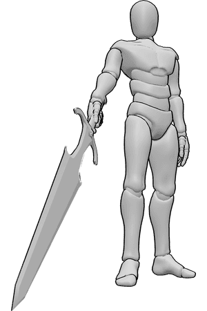 Pose Reference- Big sword pointing pose - Male is standing with a huge sword pointed downward, tip touching the ground, posture dominant