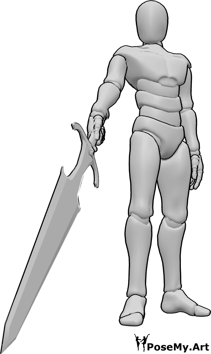 Referência de poses- Pose com uma espada grande apontada - Um homem está de pé, com uma espada enorme apontada para baixo, com a ponta a tocar no chão, numa postura dominante