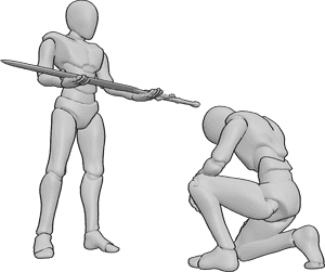 Pose Reference- Ceremonial sword offering pose - Male is solemnly presenting a large sword to another male who is kneeling in front of him