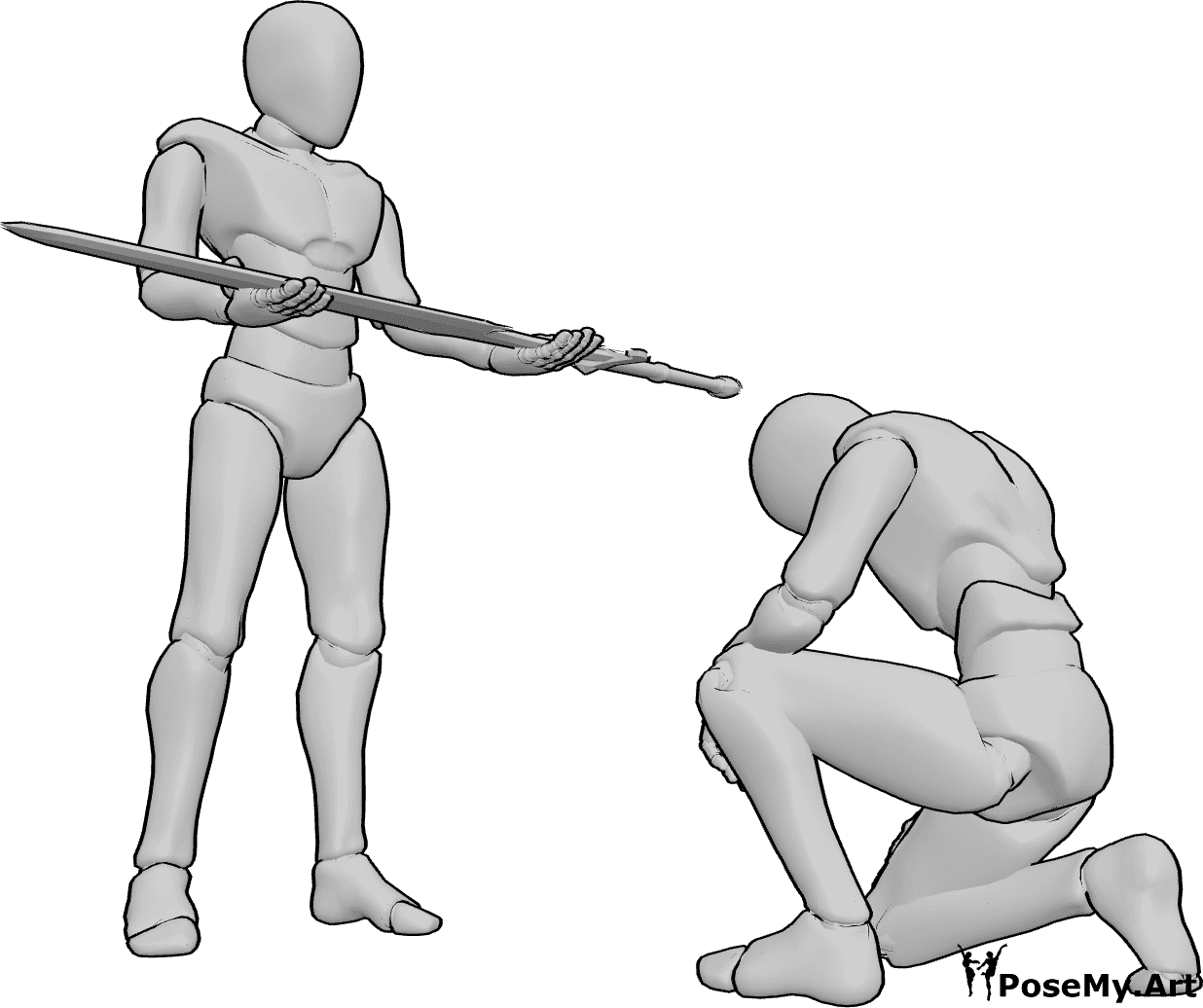 Pose Reference- Ceremonial sword offering pose - Male is solemnly presenting a large sword to another male who is kneeling in front of him