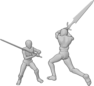 Pose Reference- Big sword blocking pose - Males are fighting, one of them is blocking with a large sword held horizontally in front of his body