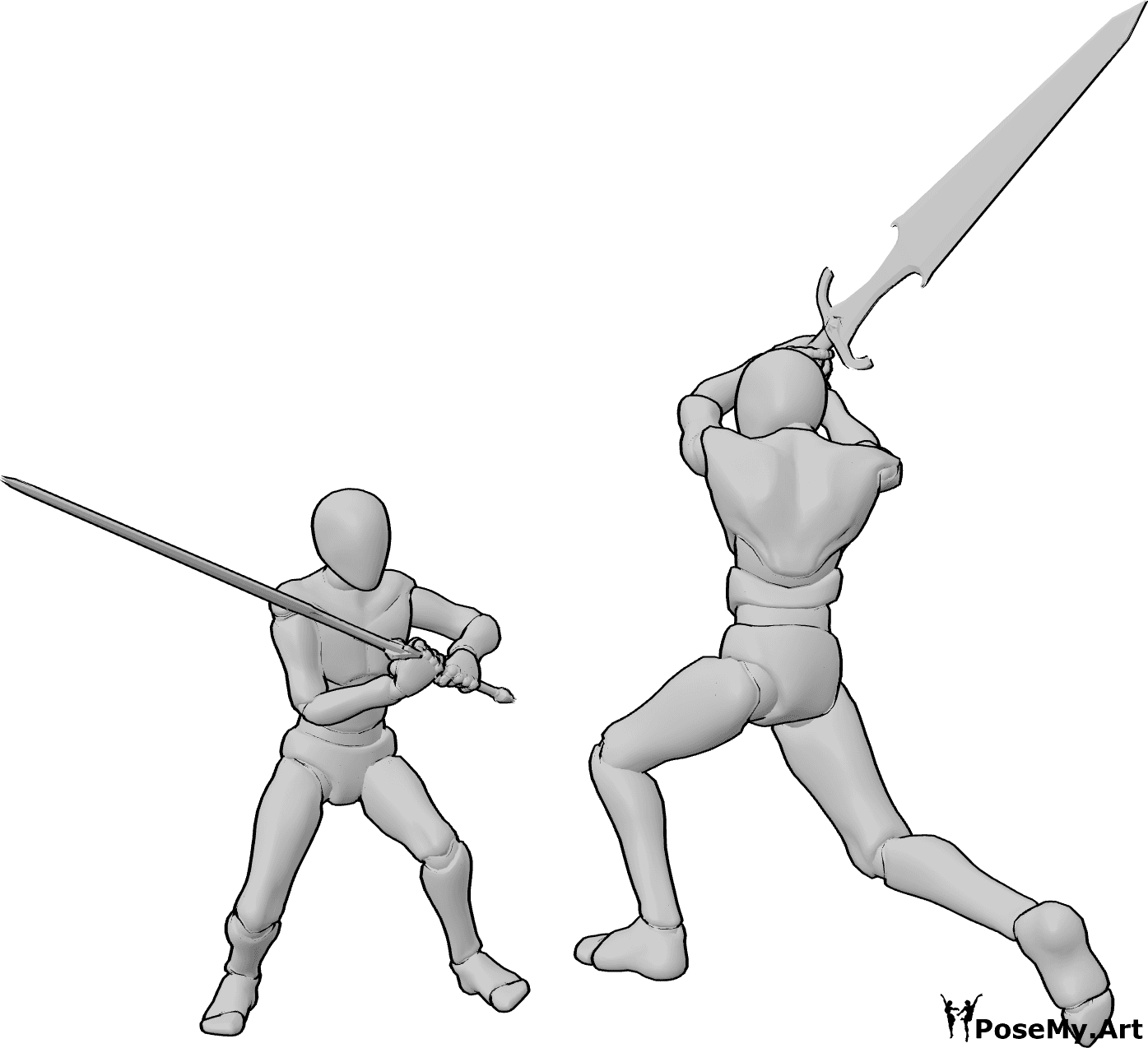 Pose Reference- Big sword blocking pose - Males are fighting, one of them is blocking with a large sword held horizontally in front of his body