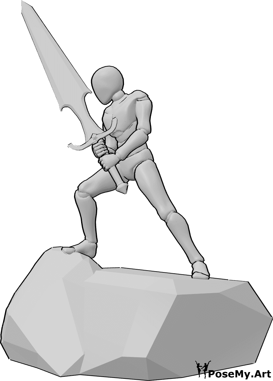 Pose Reference- Rock stance big sword pose - Male is standing on a rock, confidently holding a large sword with both hands while looking to the right