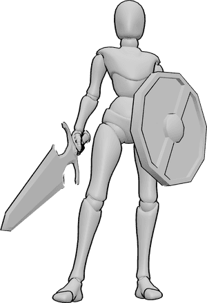 Pose Reference- Shield and sword stance pose - Female is standing confidently, holding a big sword in her right hand and a shield in her left
