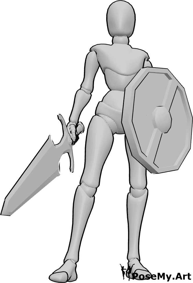 Pose Reference- Shield and sword stance pose - Female is standing confidently, holding a big sword in her right hand and a shield in her left