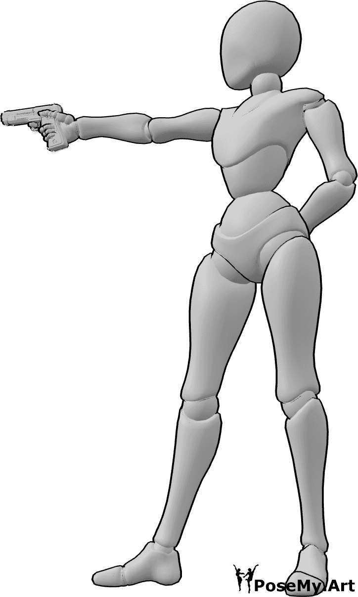 ポーズ資料- 女性が銃を構えるポーズ - 女性は片手で銃をまっすぐ前方に向けて持ち、腕を完全に伸ばしている