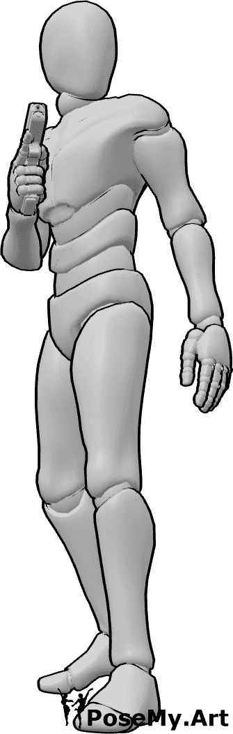 Pose Reference- Holding gun alert pose - Male is holding the gun close to the chest, elbow bent, finger off the trigger