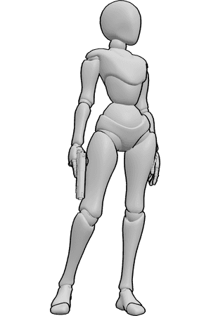 Pose Reference- Standing holding gun female pose - Female is holding the gun downward at a relaxed angle, wrist slightly loose