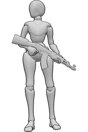 Pose Reference- Female standing holding AK pose - Female is standing and holding an AK47, looking slightly to the right
