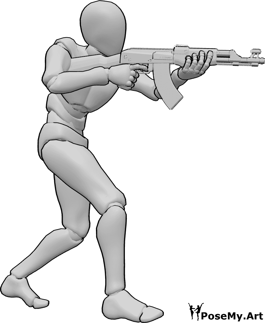 Pose Reference- Cautious patrol walk pose - Male is slowly walking, holding an AK47 while scanning the terrain tactically