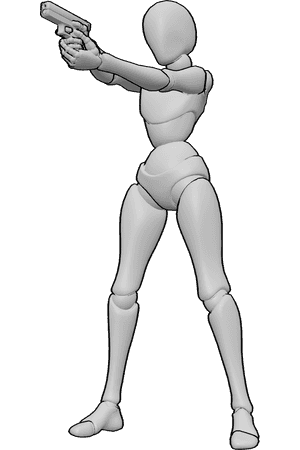 Pose Reference- Forward aiming pistol pose - Female is standing and aiming forward, holding a Glock with both hands